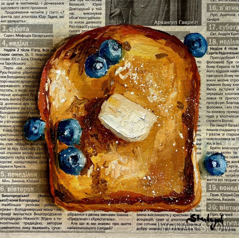 French toast painting Blueberry painting Newspaper art Food painting Breakfast painting