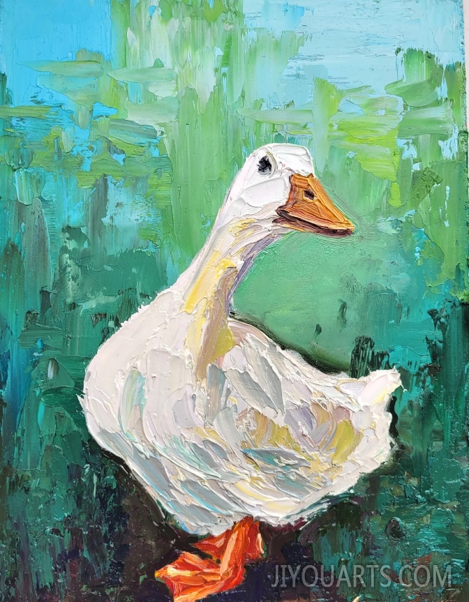 White Duck Painting Farm Animals Painting Original Bird Art Impasto Oil Painting Artwork Birds Duck Art