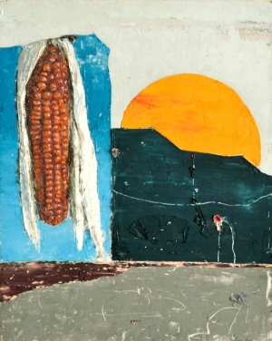 Landscape with cob, original painting, oil on wood