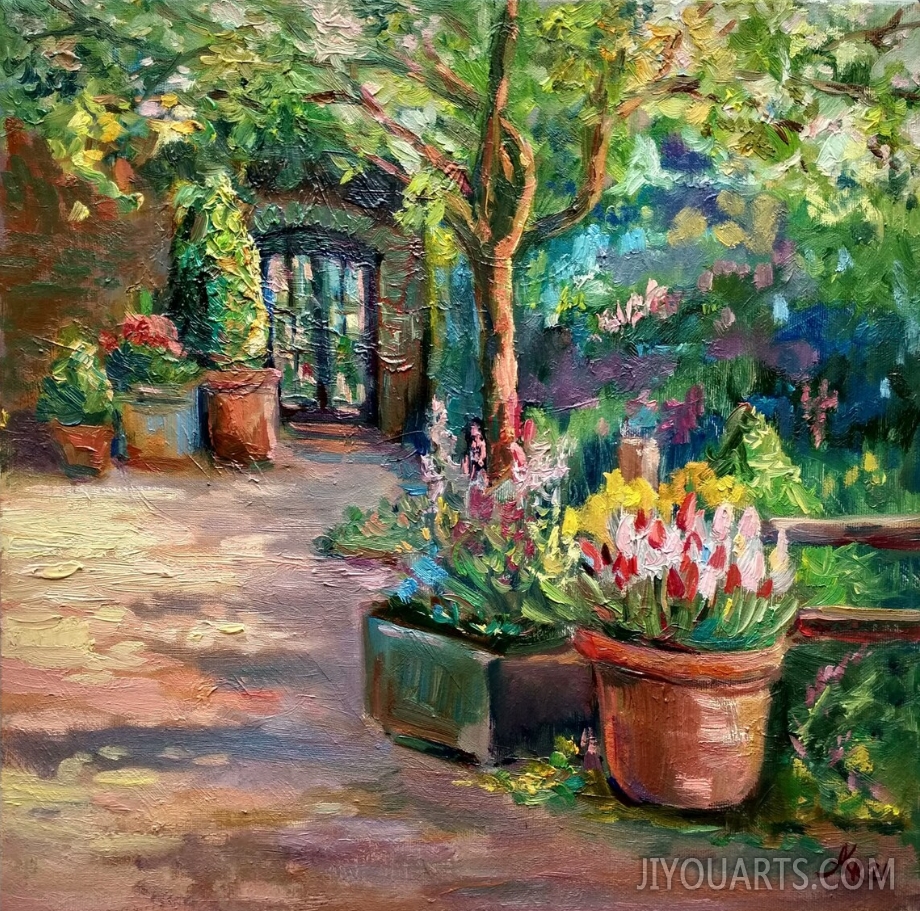 Gorgeous cottage oil painting, Blooming garden art, Original landscape painting, Floral Painting with Cottage