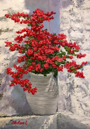 Japanese Rose in a Large Pot, Oil Painting on Paper, Only Handmade