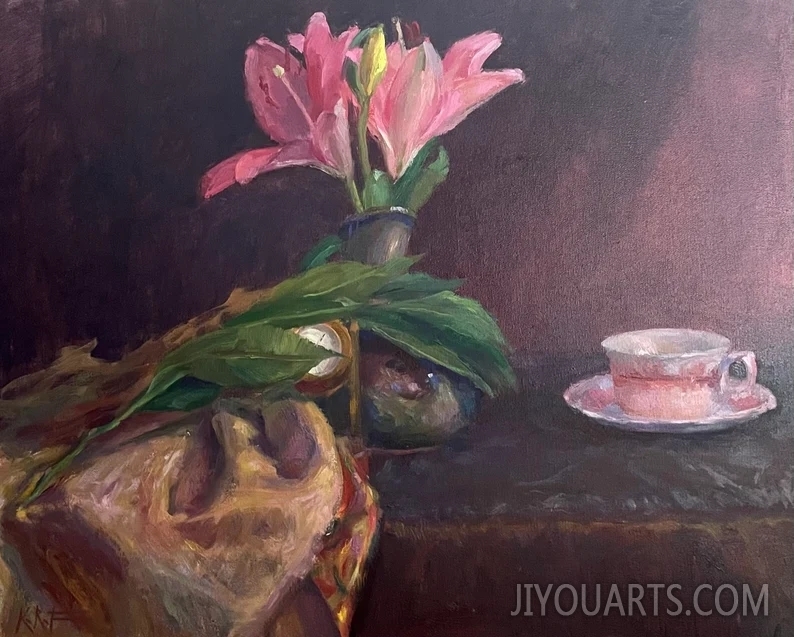 Lily’s oil painting， Flowers and cups original painting，Flowers original artwork on stretched canvas