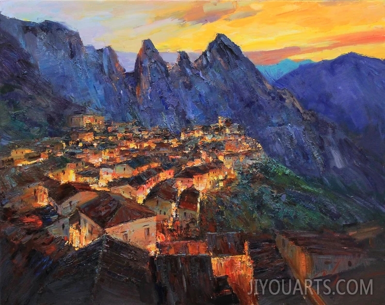 Original impasto landscape painting textured Oil painting cityscape Italy Mountain wall art