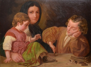 Family Portrait Mother with Children Playing Coins Framed Antique Oil Painting