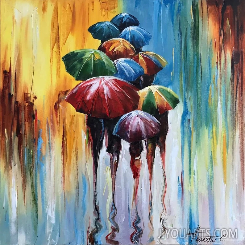 Abstract Umbrella Painting Modern Rainy Day Art Original Umbrellas Art Decor Colorful Abstract Oil Painting Rain Wall Art Figures Painting