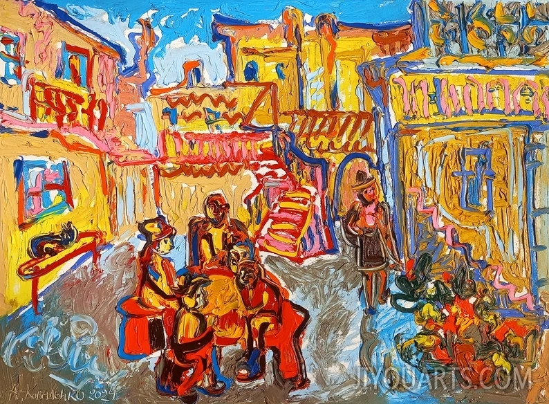 Oil Painting OId Backyard Cityscape with Figures Colorful Impasto Artwork New Home Gift Grandparents Dopamine Apartment Decor French Style
