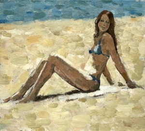 SEA BEACH PAINTING Vintage original oil painting on canvas, 1990s, Girl on beach, Figure of a girl, Sea wall art