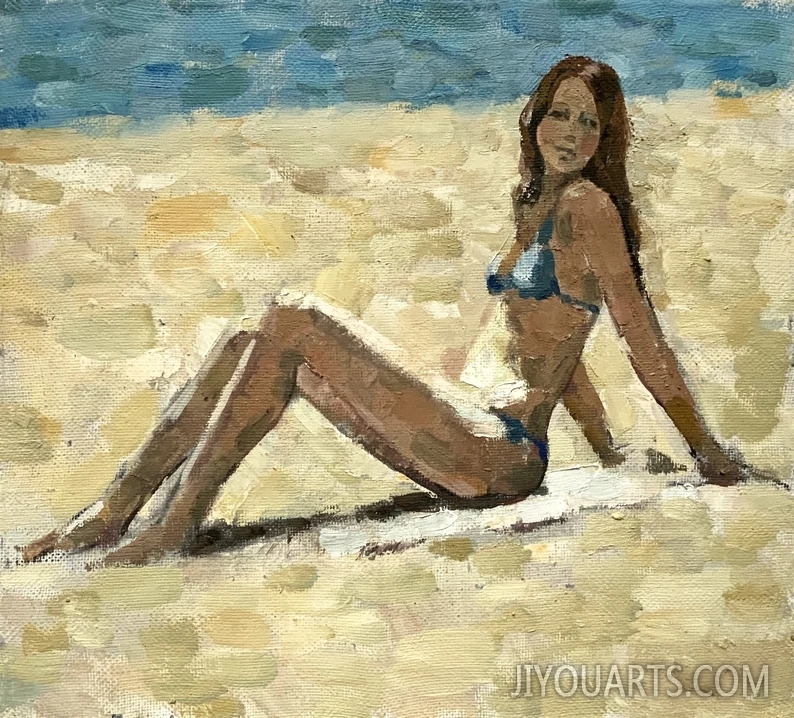 SEA BEACH PAINTING Vintage original oil painting on canvas, 1990s, Girl on beach, Figure of a girl, Sea wall art