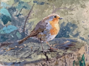 A robin on a frosty stump, original painting  palette knife with oil Animal Art wall art Bird art