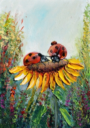 Lady bug art, Sunflower Artwork, Ladybird Decor, Lady Beetle Theme, Wildflowers Wall Art