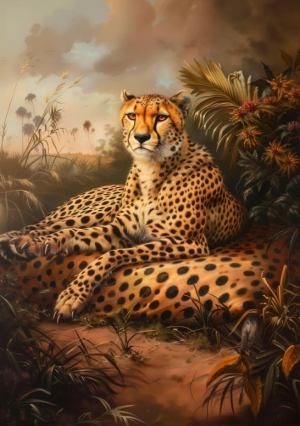 Cheetah resting on a cheetah skin digital oil painting