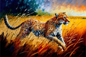 Golden Grass Cheetah Run,Vibrant Colorful Oil Painting Wildlife
