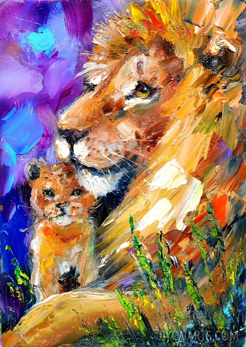 lion with little lion painting, african art animals wall decor, original art lion african animals portrait,