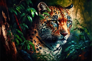 Majestic Jungle Leopard,Vibrant Colorful Oil Painting Wildlife Animal
