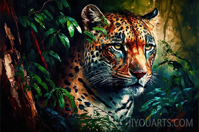 Majestic Jungle Leopard,Vibrant Colorful Oil Painting Wildlife Animal