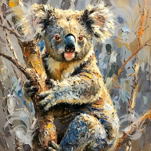 Australian Koala Bear in Blue Gum Tree   Impressionist Oil Painting