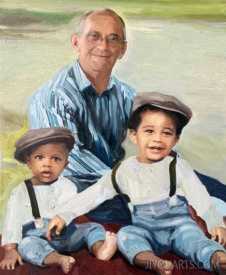 Commission family oil portrait painting on canvas from photo, Custom art