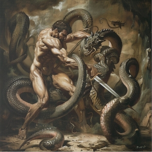 Hercules and the Hydra, Epic Ancient Greek Myth Oil Painting Canvas Wall Art