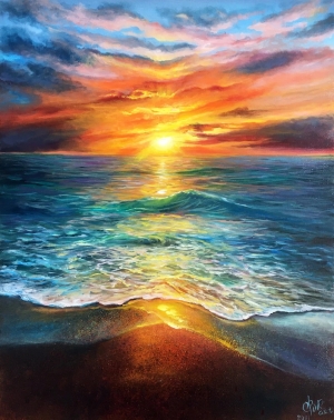 Sundown Tropical Seascape Ocean Waves Clouds