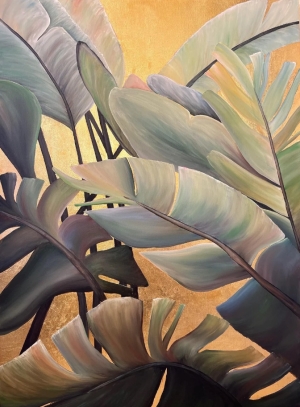 Palm canvas artwork, Large palm painting, Floral acrylic painting on canvas Tropical wall art with gold dorm decor plant art wall decor