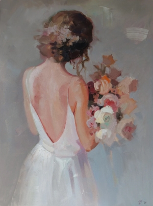Romantic Woman Original Painting Beauty with Bouquet Wall Decor Oil Painting Girl with Flowers